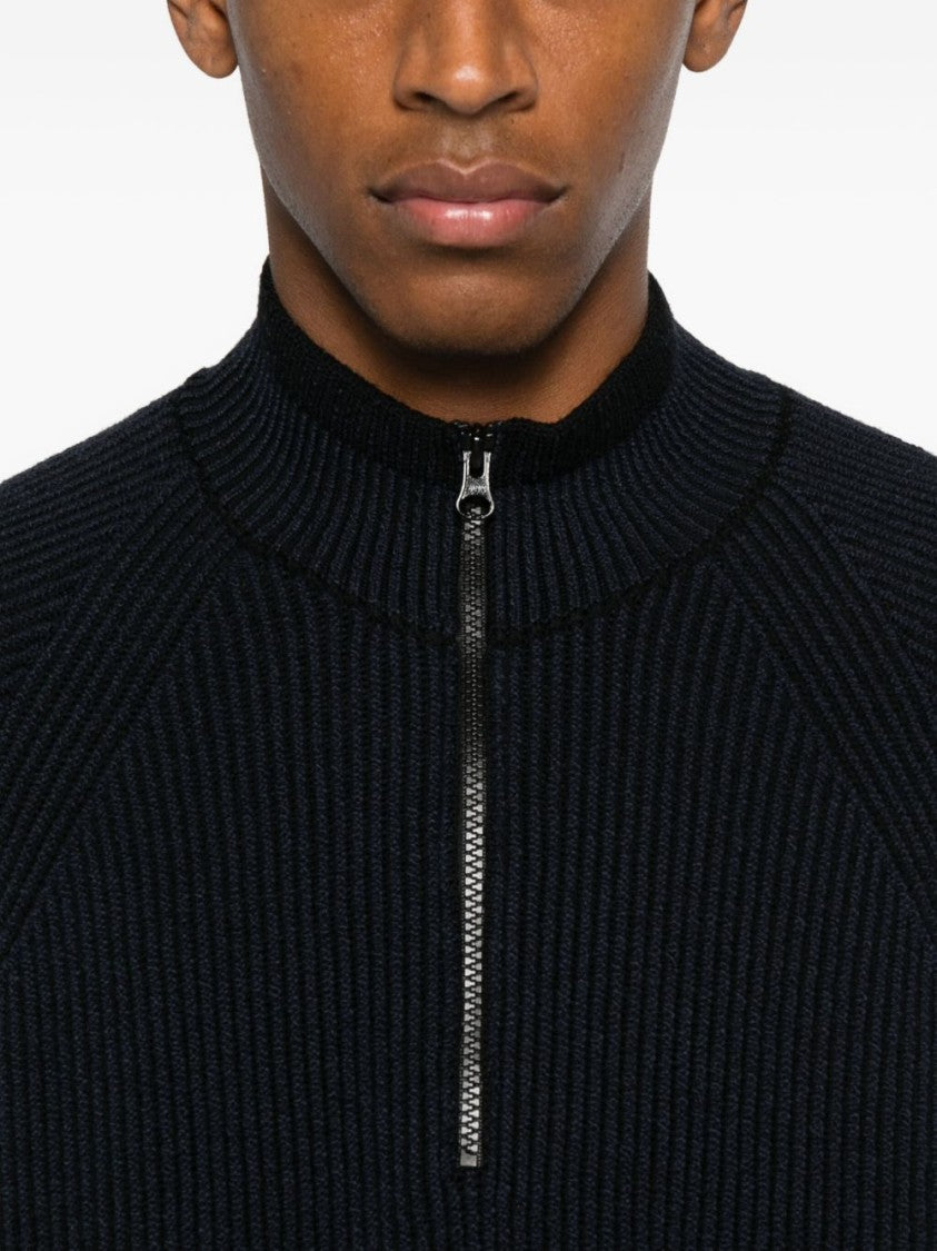 Stone Island Half-Zip Ribbed Knit Sweater With High Collar
