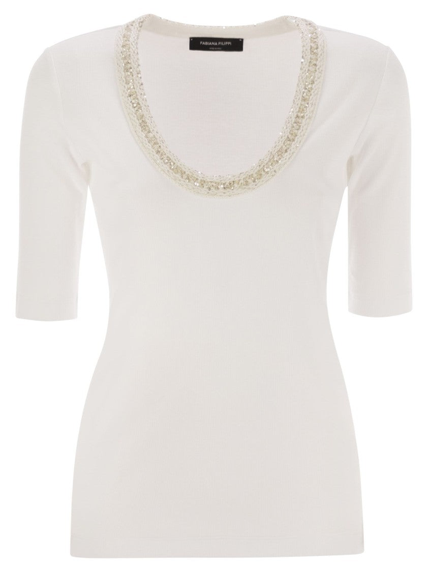 Fabiana Filippi Ribbed Jersey T-Shirt With Contrasting Knit Collar