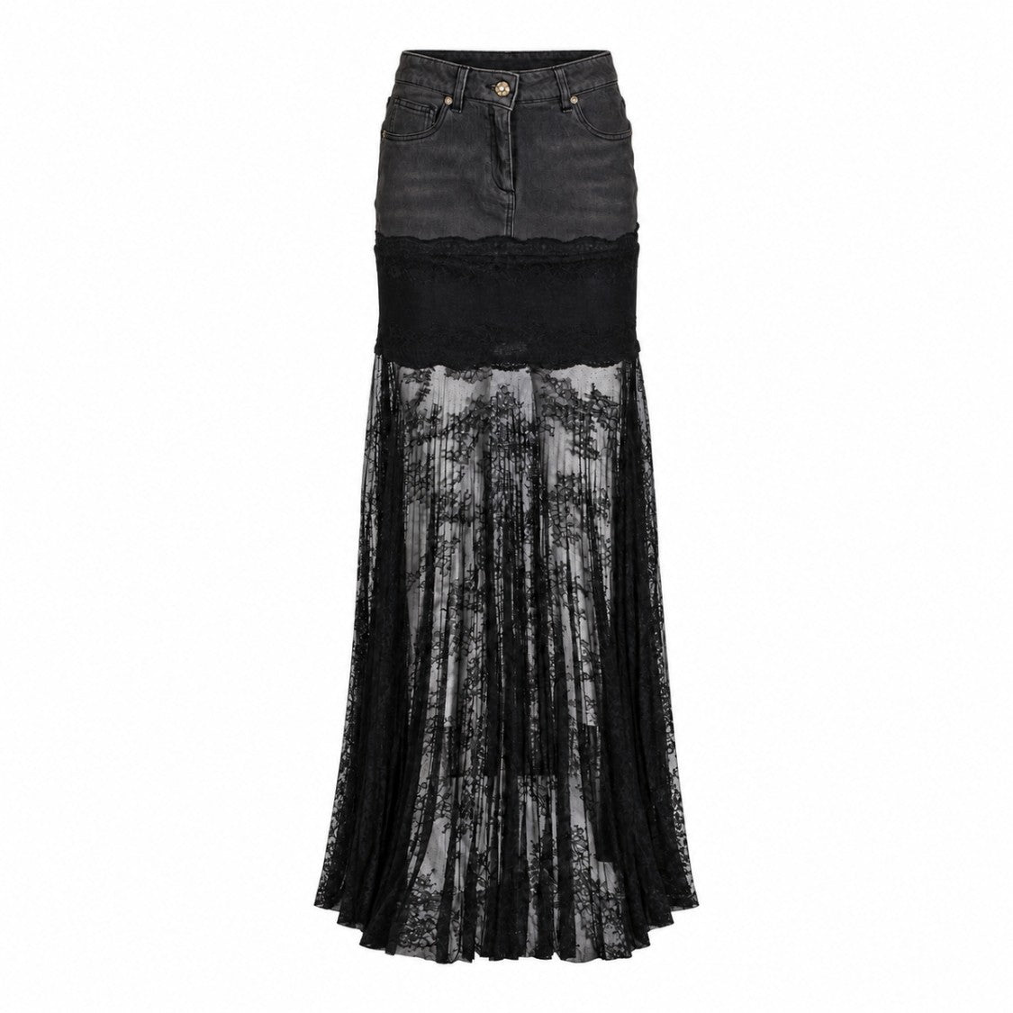 Blumarine Fitted Denim Sheer Lace Maxi Skirt