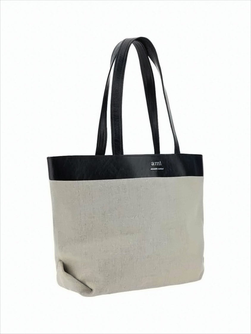 Ami Beige Canvas Tote Bag With Black Leather Trim