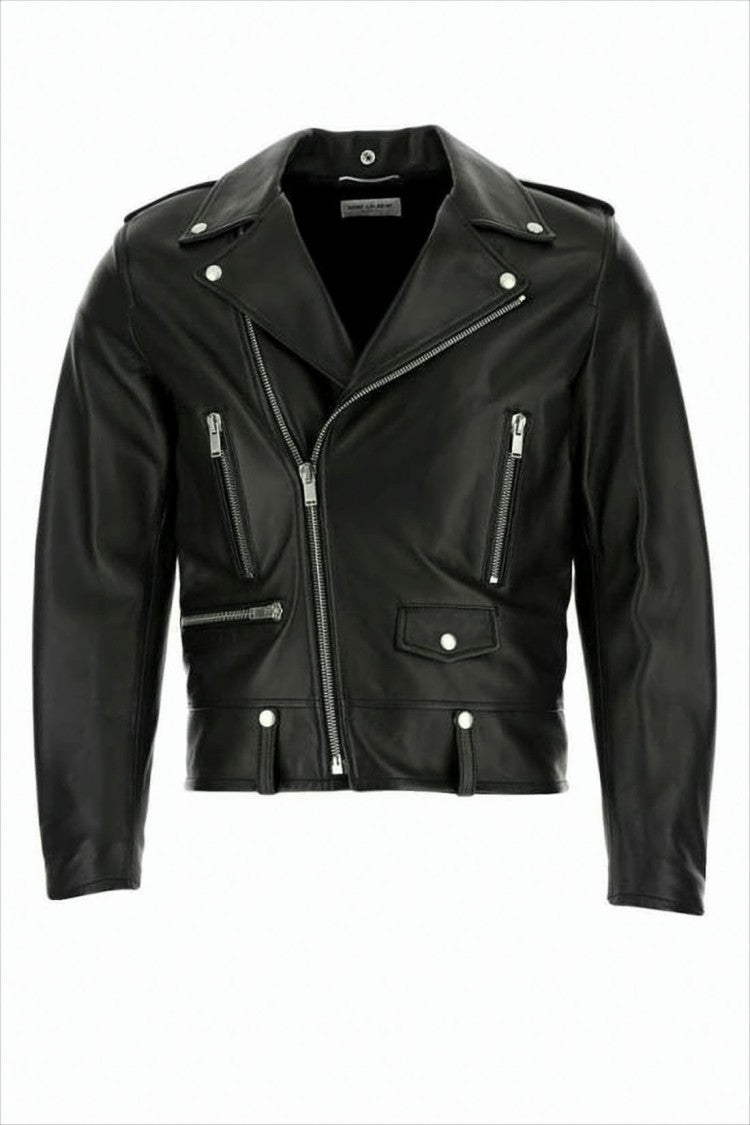 Saint Laurent Cropped Lamb Leather Biker Jacket With Zipper