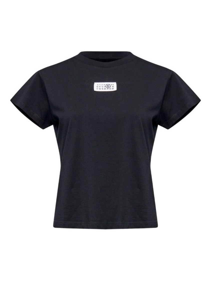 Mm6 By Maison Margiela Boxy Black Cropped T-Shirt With Classic Crew Neckline