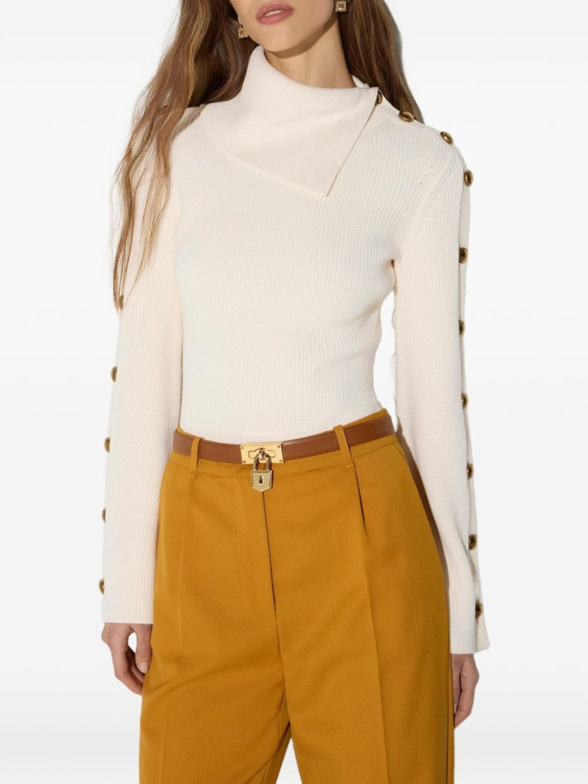 Elisabetta Franchi Asymmetrical Ribbed Knit Top With Buttoned Sleeves
