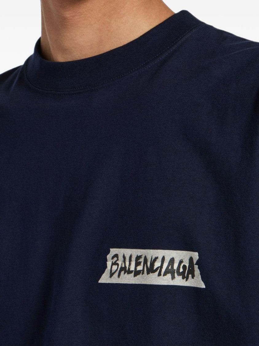 Balenciaga Navy Blue Boxy Fit Graphic Cotton T-Shirt