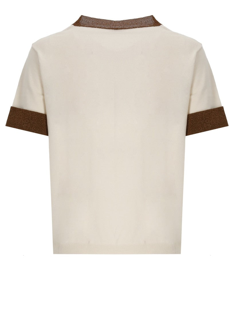 Kangra Ivory Cotton Lurex-Trim Crewneck Top