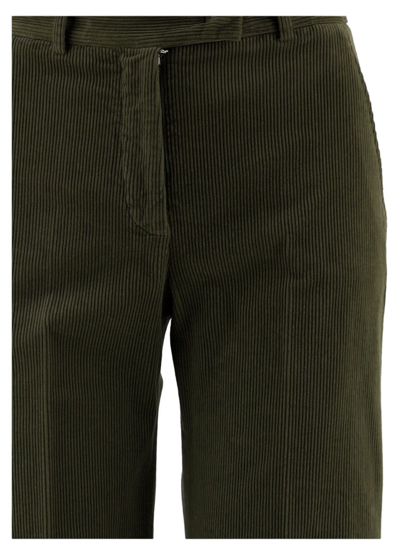 Ql2 Green Ribbed Stretch Cotton Velvet Straight-Leg Pants