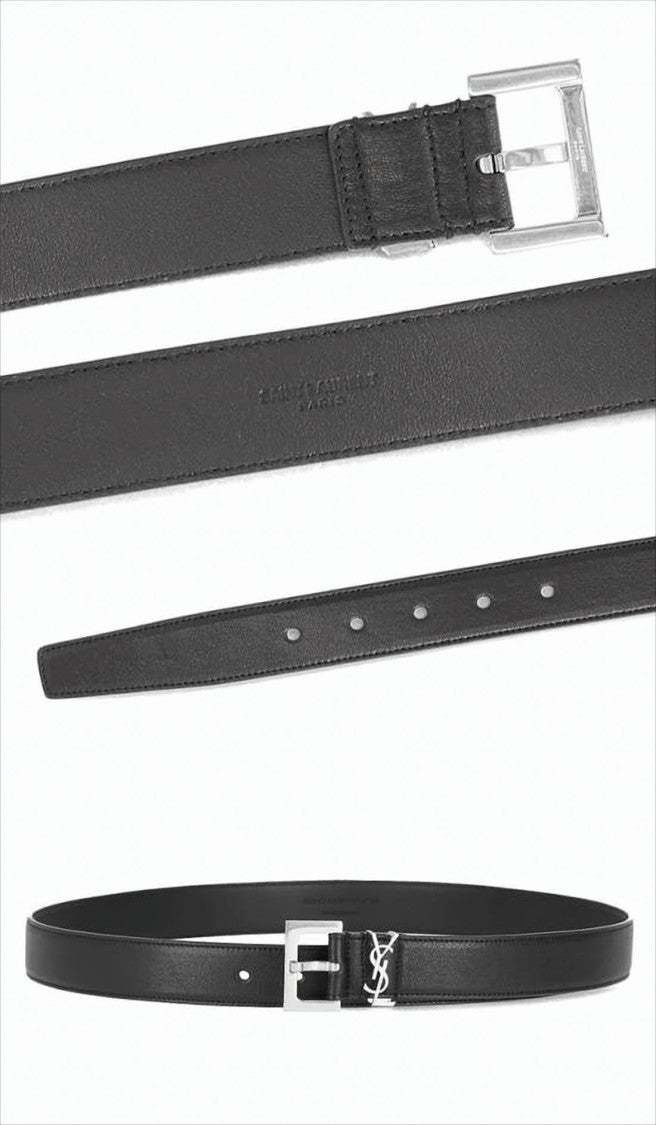 Saint Laurent Black Lambskin Belt With Polished Silver Buckle