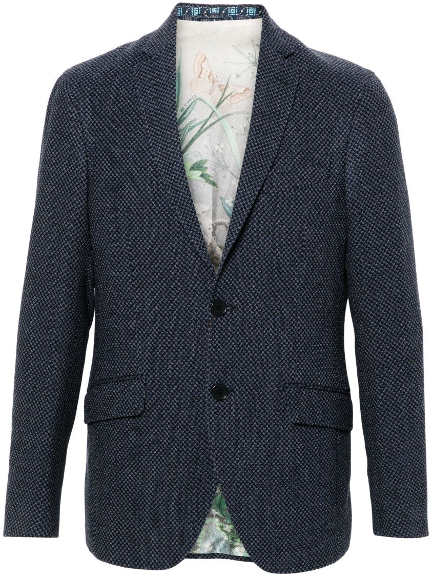 Etro Black Textured Floral Lining Wool-Cashmere Blazer