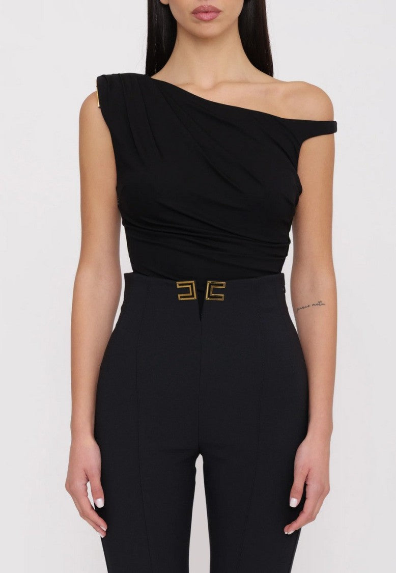 Elisabetta Franchi Black One-Shoulder Mesh Panel Viscose-Blend Bodysuit