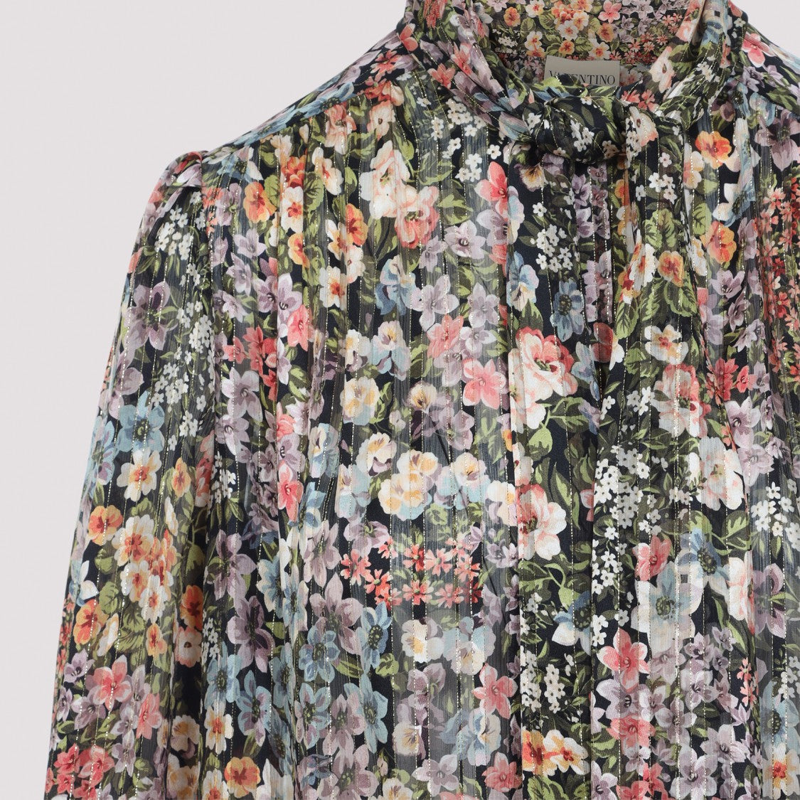 Valentino Multicolor Floral Silk Blouse With High Neckline And Voluminous Sleeves