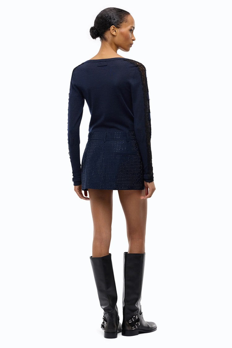Pinko Navy Polyester-Viscose Blend Crystal-Embellished Wrap Skirt