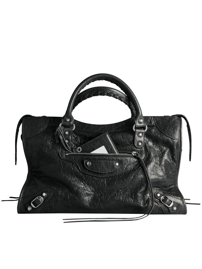 Balenciaga Textured Black Leather Shoulder Bag With Decorative Studs And Tassels