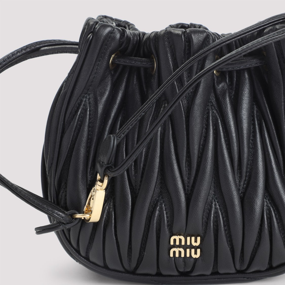 Miu Miu Gathered Black Lamb Leather Clutch With Drawstring Closure