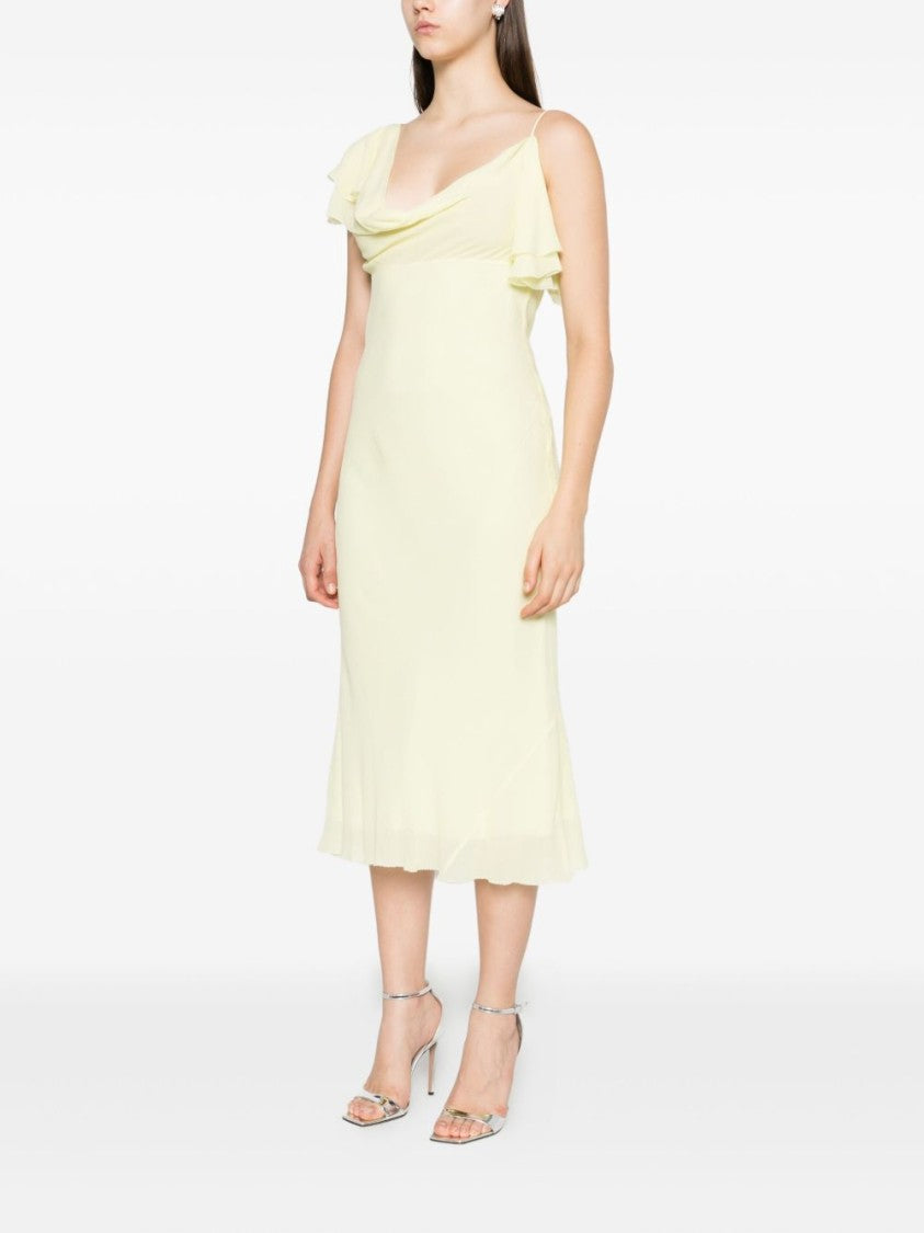 Self-Portrait Light Yellow Ruffled Midi Dress With Draped Neckline