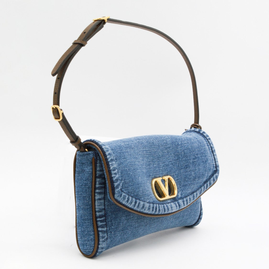 Valentino Garavani Structured Denim Shoulder Bag With Gold-Tone Emblem