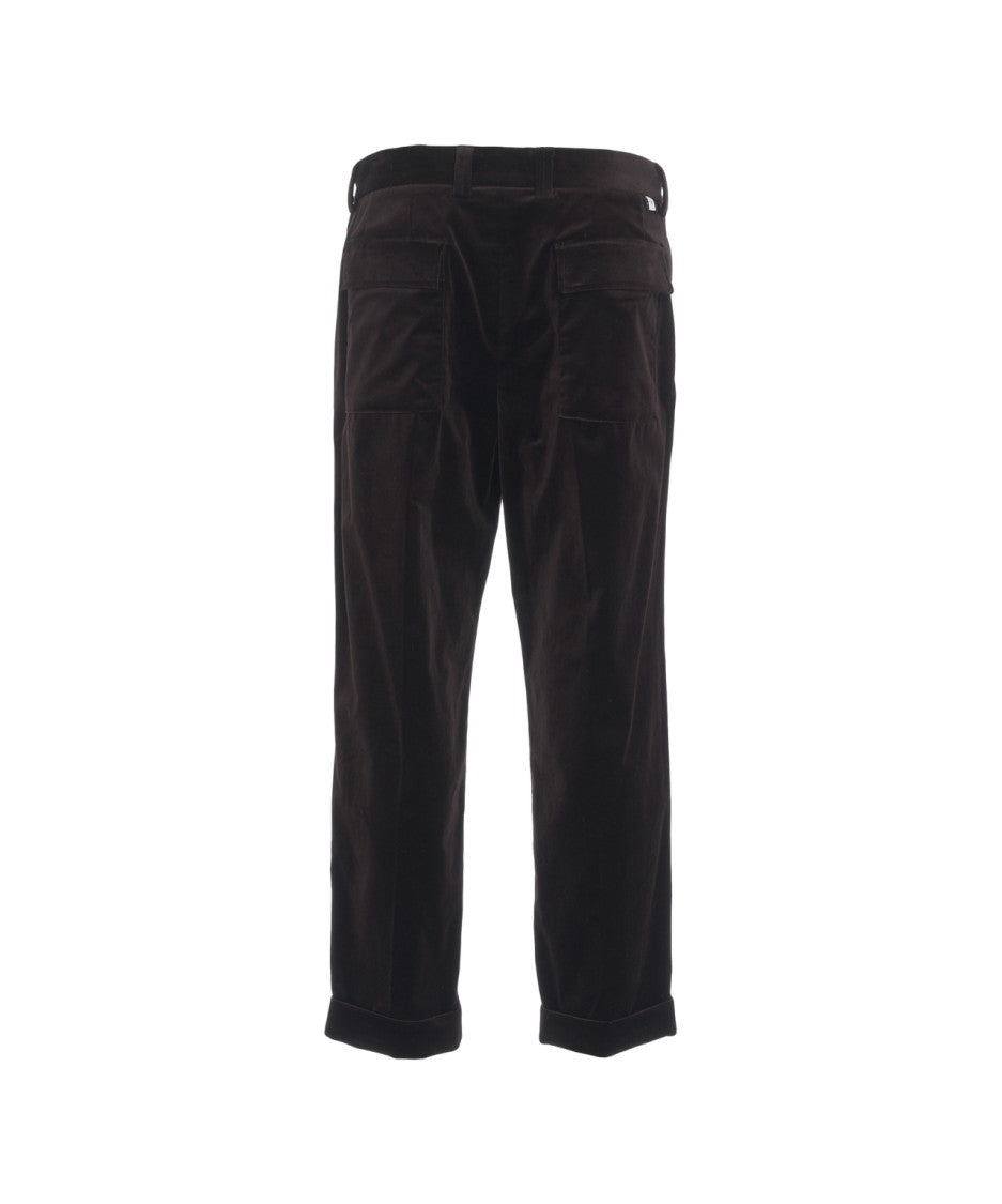 Paolo Pecora Brown Velvet Chino Pants With Pressed Pleats And Turned-Up Hem