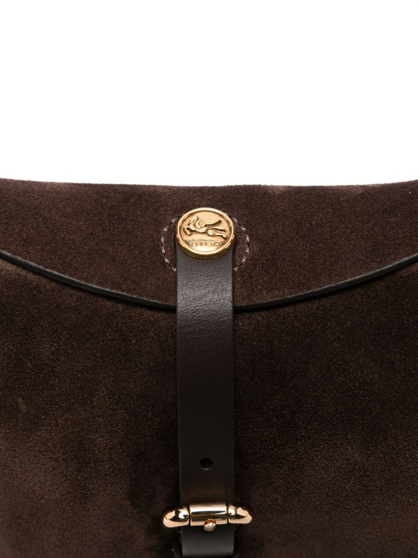 Etro Saddle-Shaped Dark Brown Suede Bag With Gold Accents