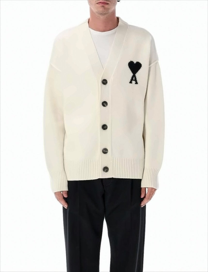Ami Relaxed Fit Wool Cardigan With Distinctive Heart Emblem