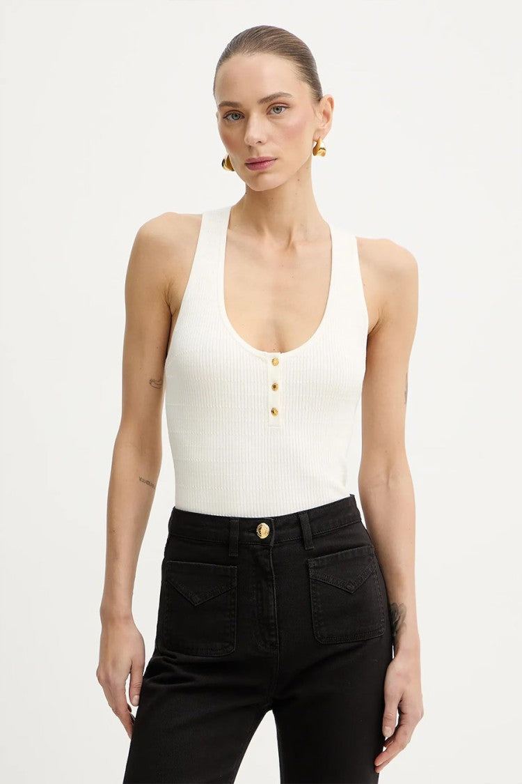 Elisabetta Franchi Ivory Button Placket Racerback Lyocell-Blend Tank Top