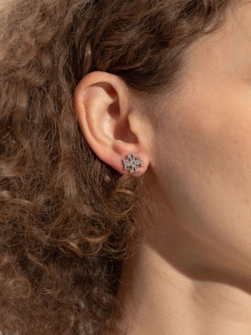 Tory Burch Silver-Tone Double T Motif Stud Earrings With Sparkling Crystals