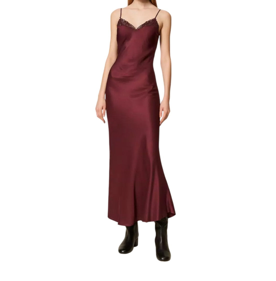Twin-Set Maxi Satin Dress With Lace Trim