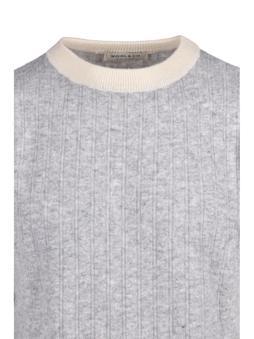 Wool & Co Light Grey Crew Neck Sweater With Contrasting Ribbed Details