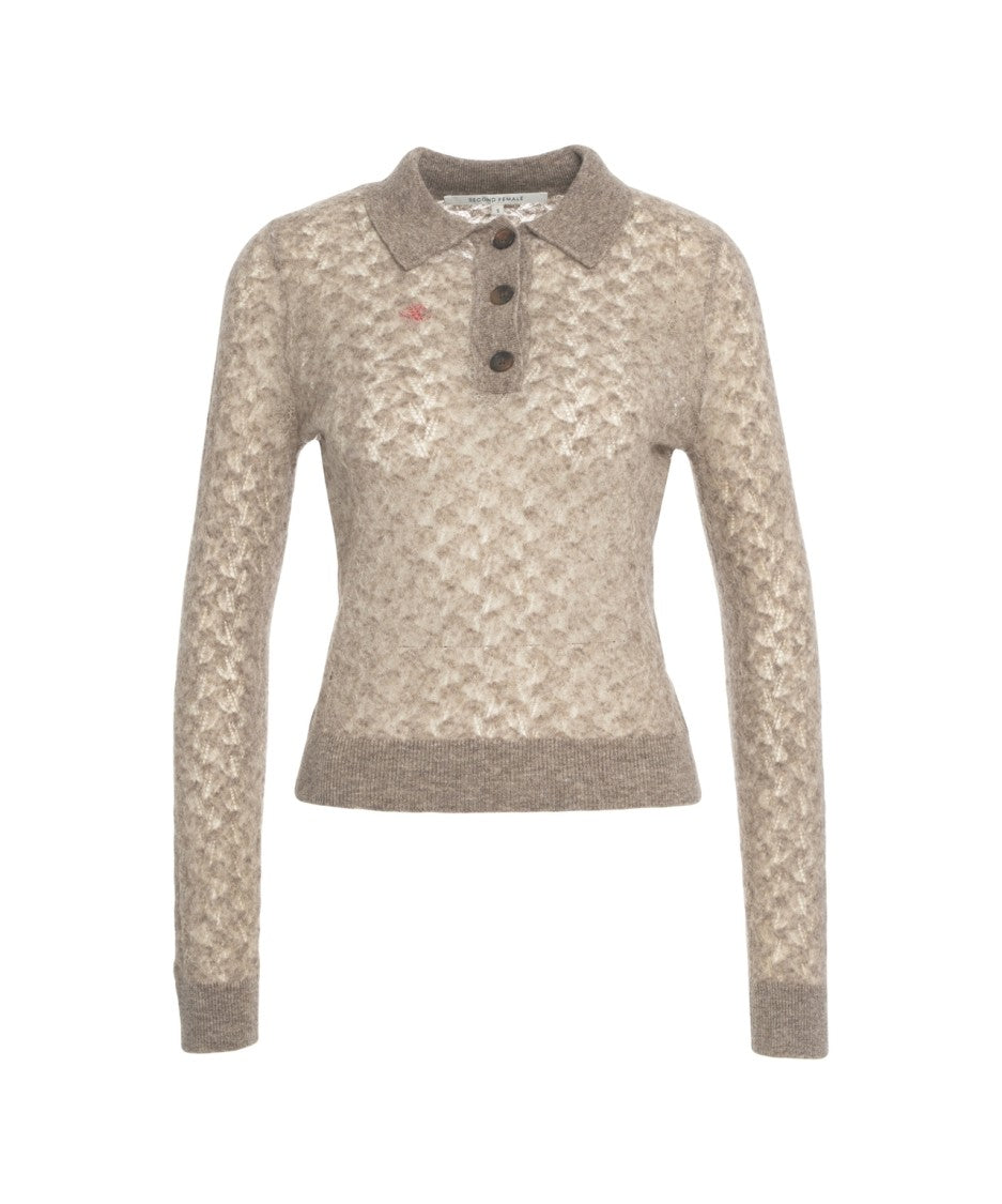 Second Female Textured Knit Polo Sweater With Classic Collar And Button Detail