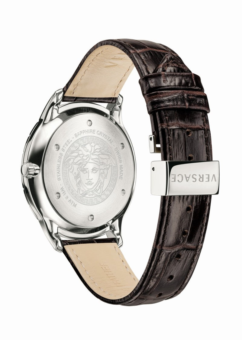 Versace Quartz 43Mm Stainless Steel Watch With Brown Leather Strap