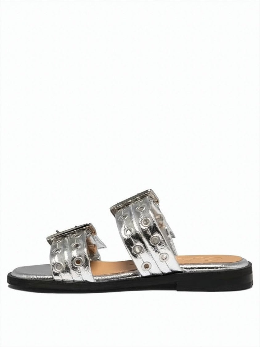 Ganni Metallic Silver Flat Mules With Wide Straps And Buckle Accents