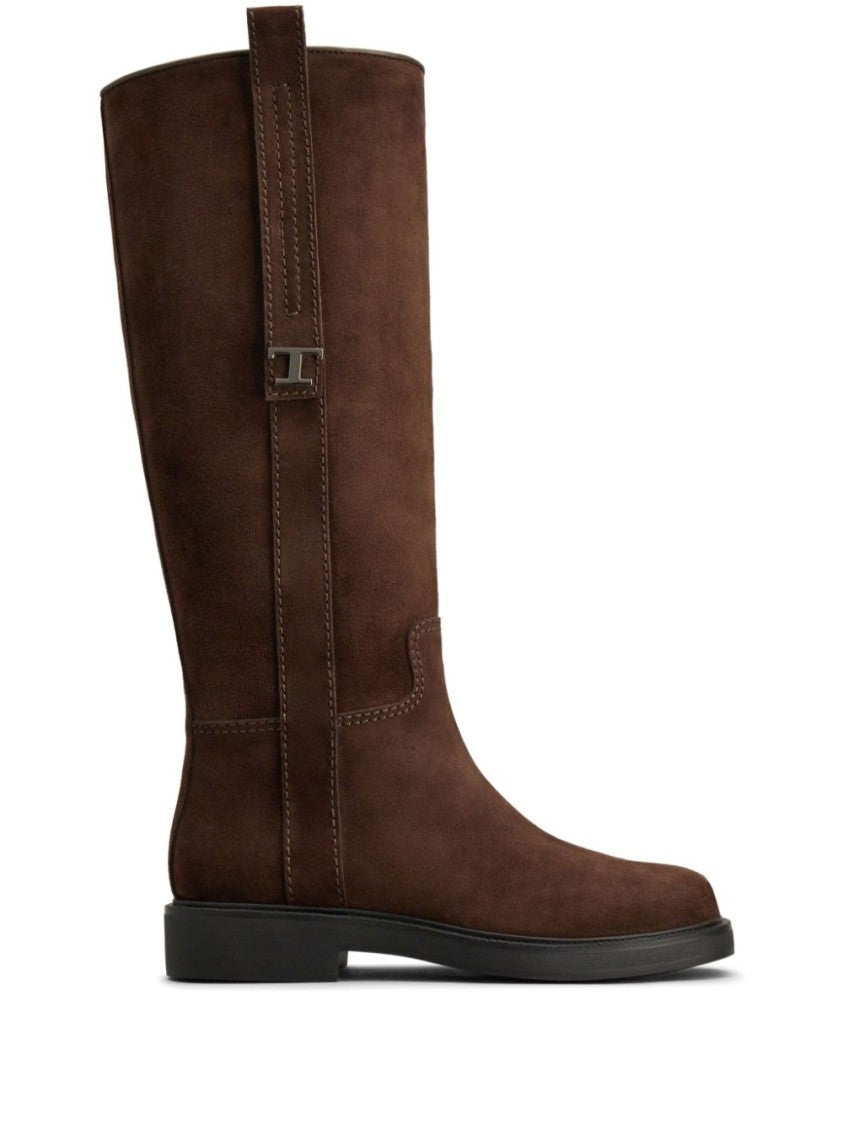 Tod's Long Brown Leather Boots With Strap Detail
