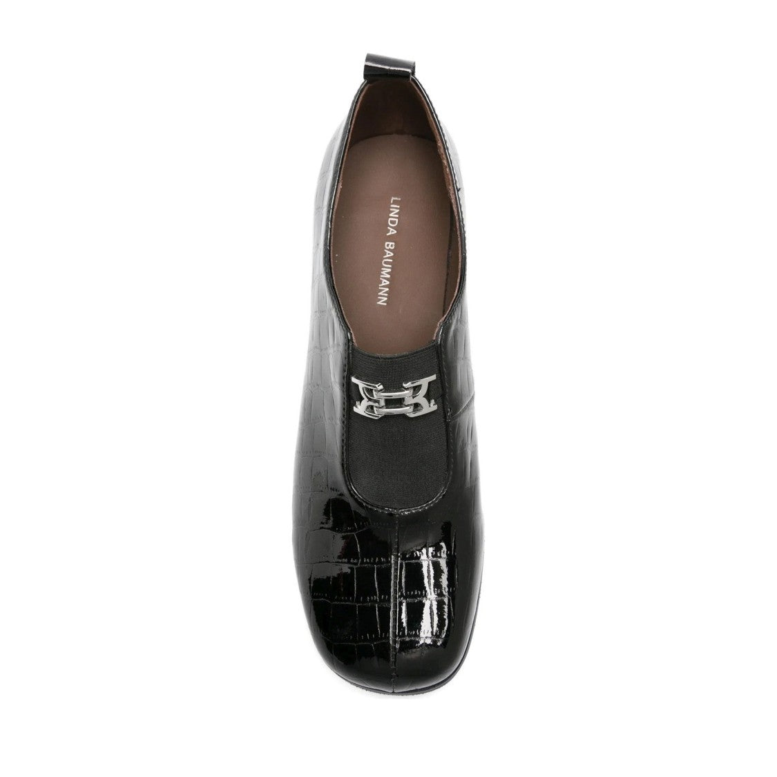 Linda Baumann Black Crocodile Texture Metallic Detail Patent Leather Dress Pumps