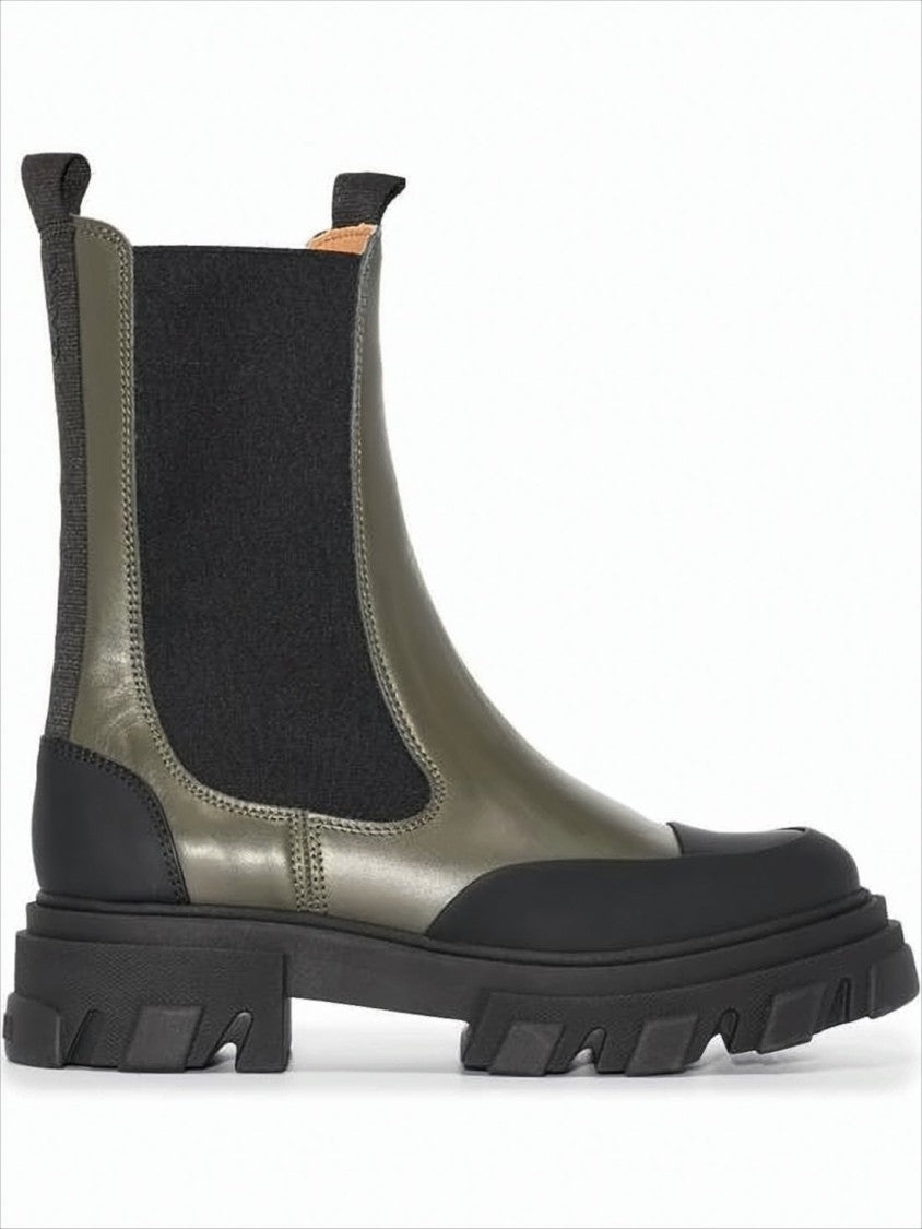 Ganni Chunky Chelsea Boots With Olive Leather Uppers And Black Accents