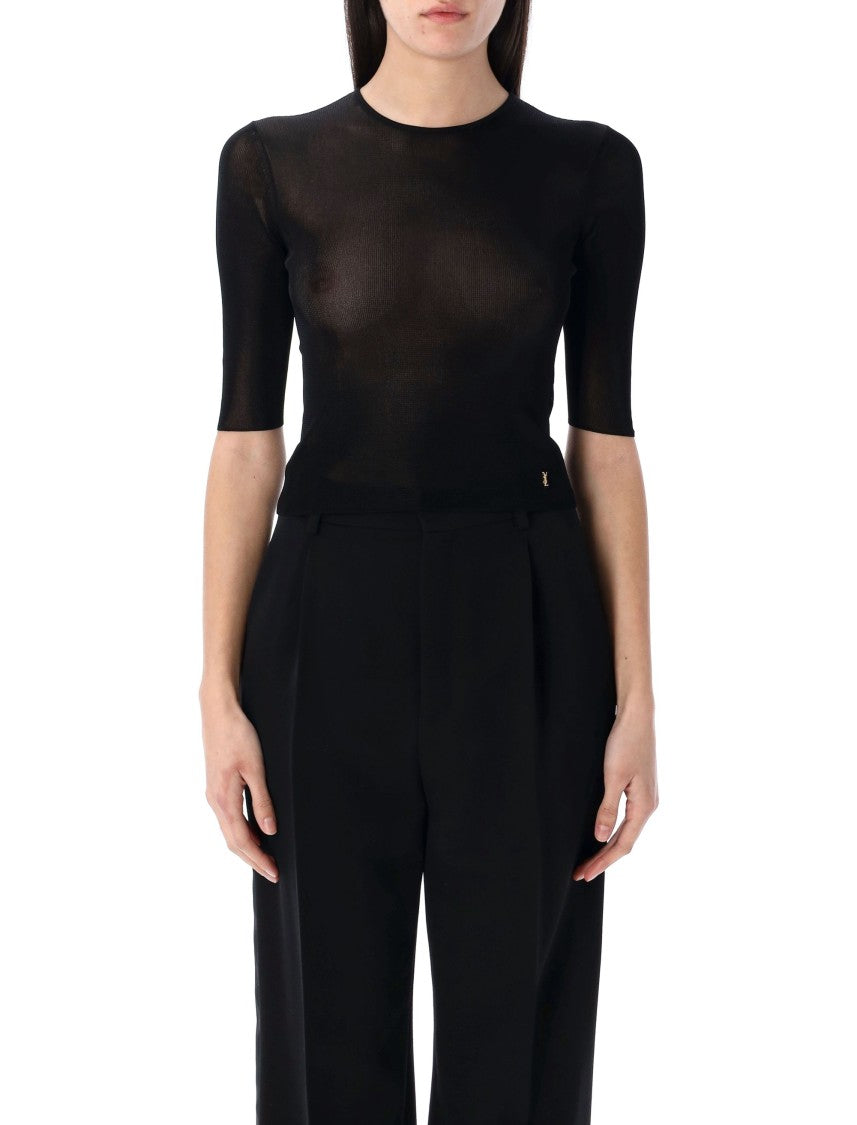 Saint Laurent Cassandre Semi-Sheer Black Knit Top
