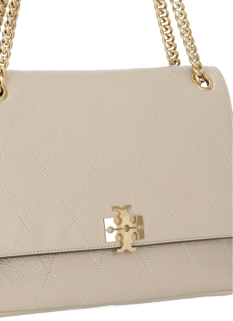 Tory Burch Beige Quilted Leather Gold Logo Shoulder Bag