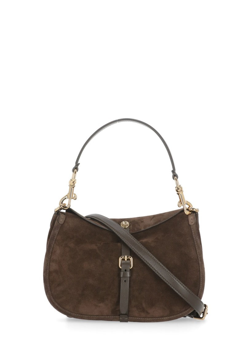 Etro Curved Suede Leather Shoulder Bag With Gold-Tone Accents