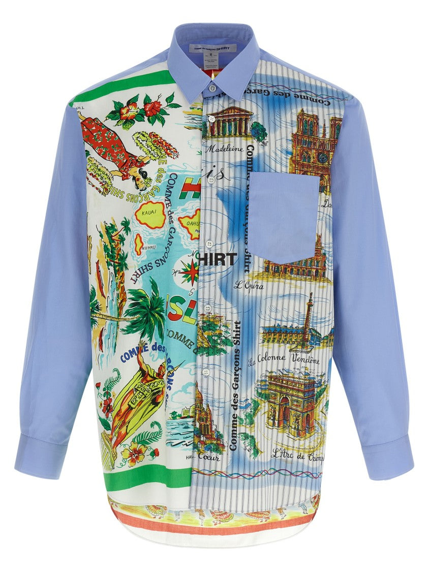 Comme Des Garçons Asymmetric Hem Shirt With Vibrant Landmark Prints
