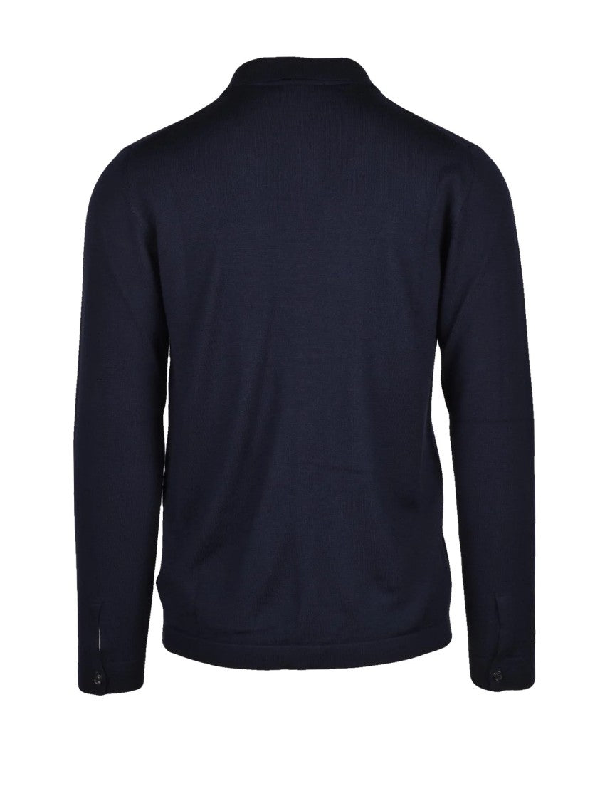 Slowear By Zanone Navy Blue Collared Fine-Knit Virgin Wool Cardigan