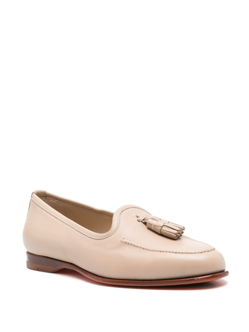 Santoni Beige Leather Tassel Loafers With Rubber Sole