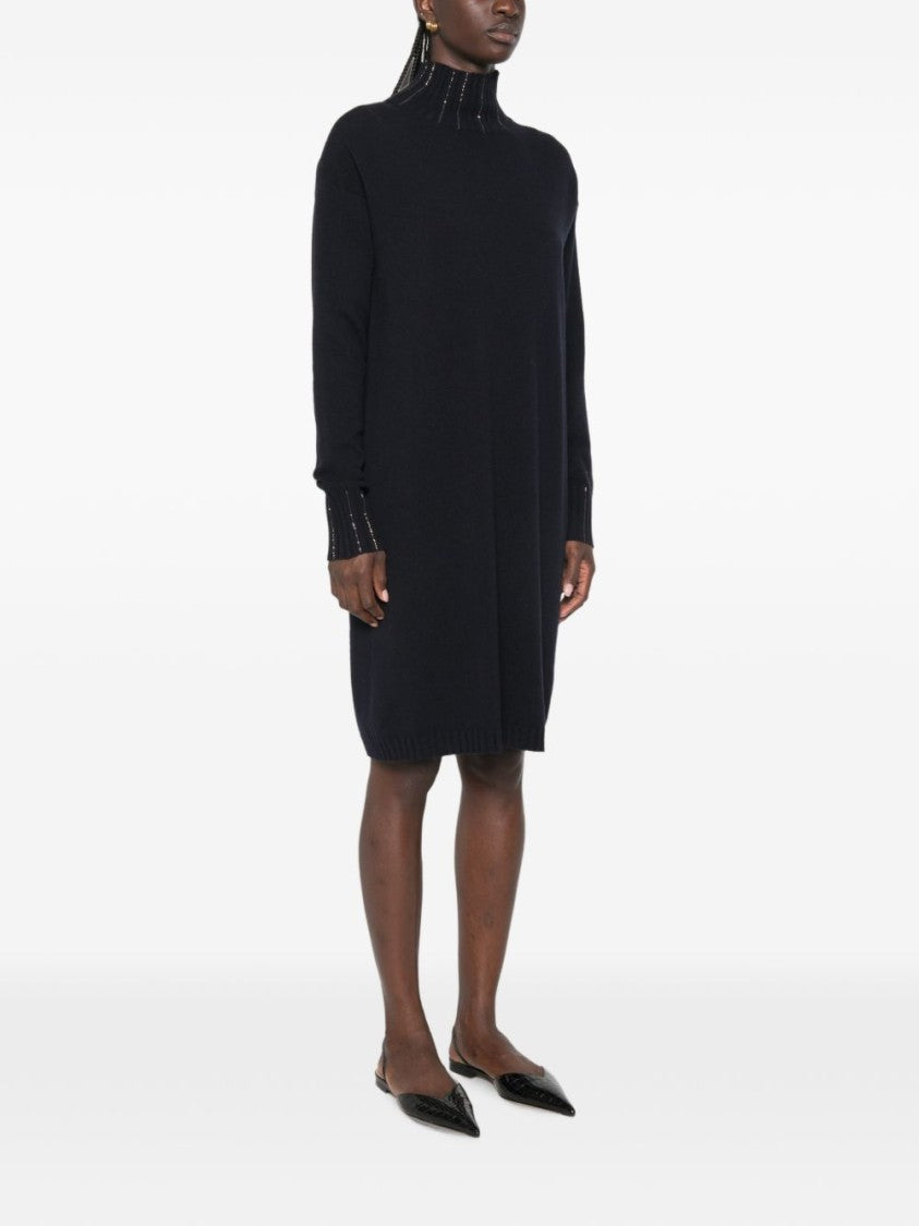 Fabiana Filippi Dark Blue Bead-Embellished Knitted Midi Dress