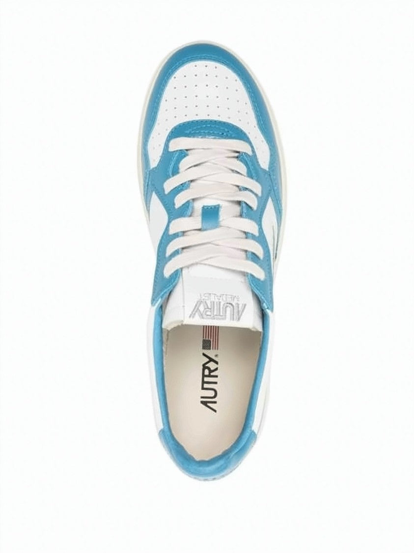 Autry Low-Top White Leather Sneakers With Sky Blue Accents