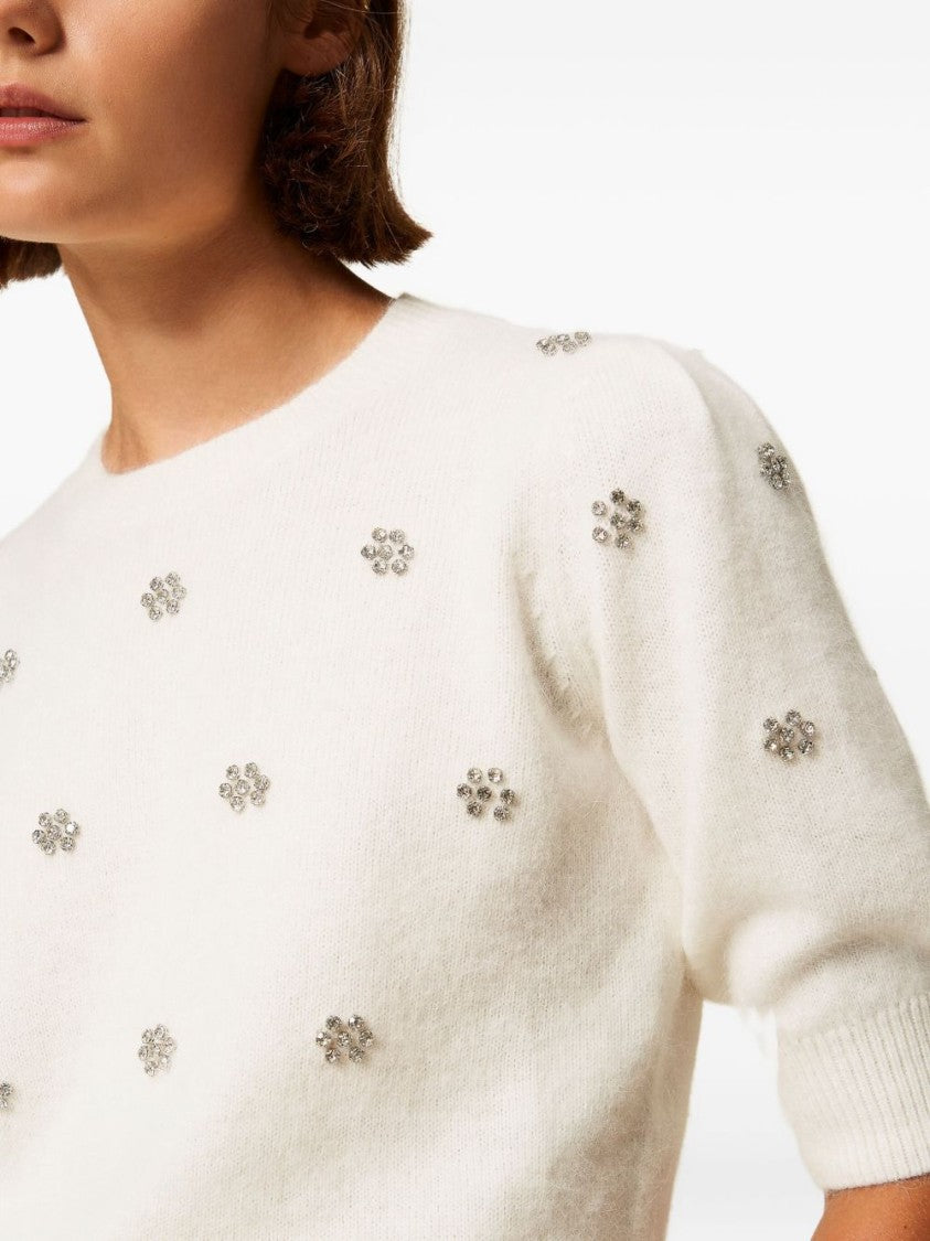 Twin-Set Cropped Knit Sweater With Floral Embellishments