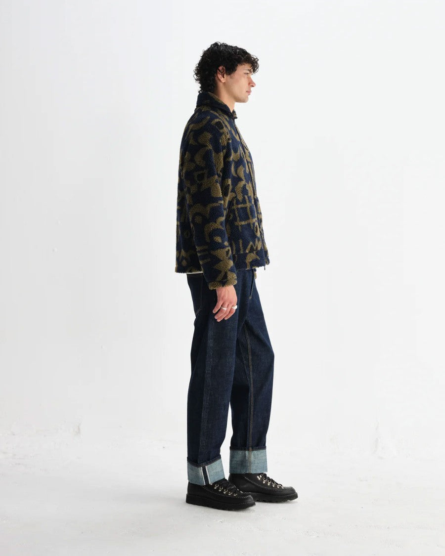 Wax London Navy Fleece Jacket With Khaki Abstract Pattern