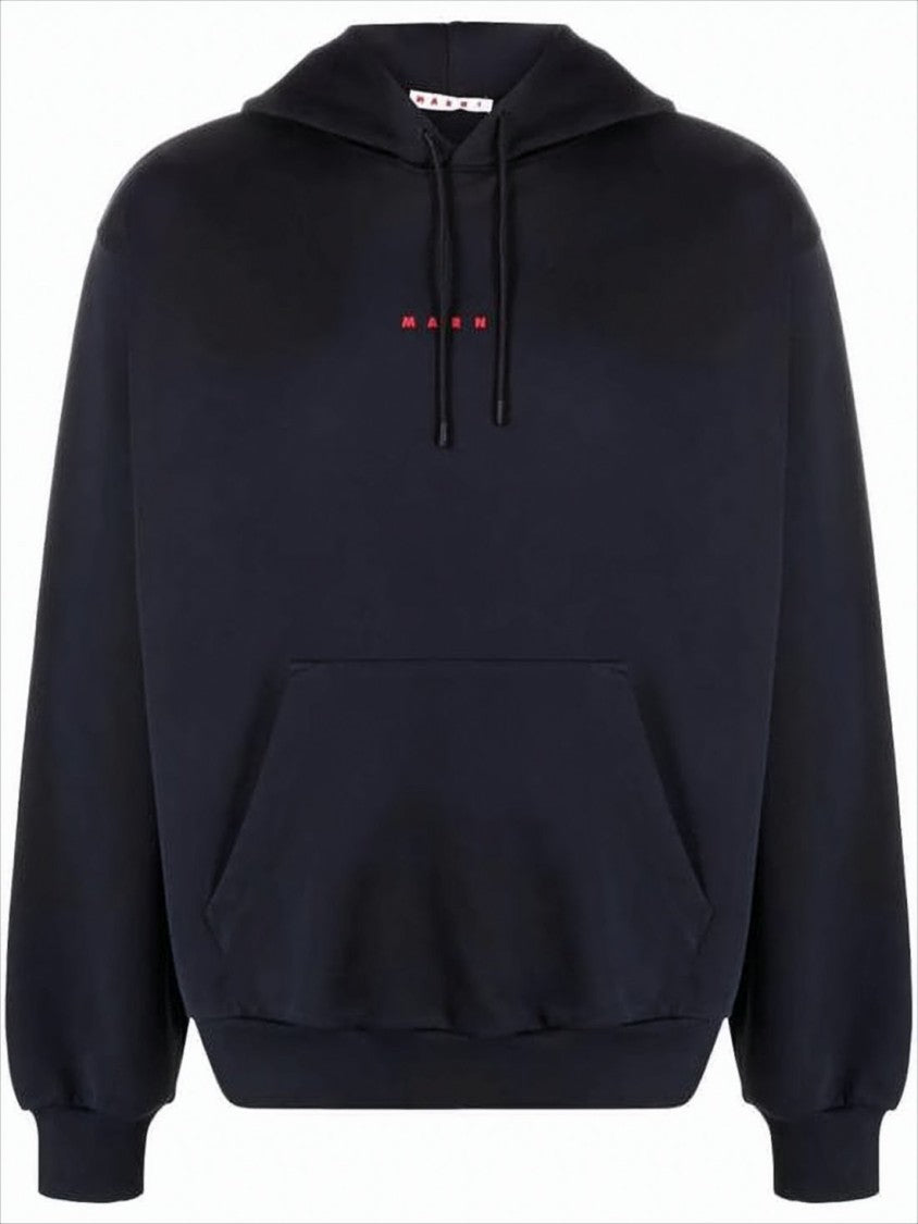 Marni Relaxed Fit Black Cotton Hoodie With Embroidered Logo