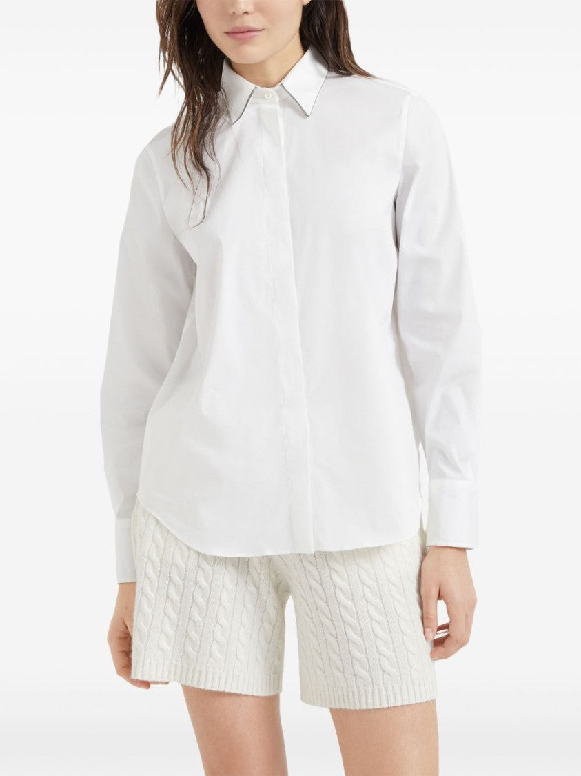 Brunello Cucinelli White Monili Chain Collar Cotton Shirt