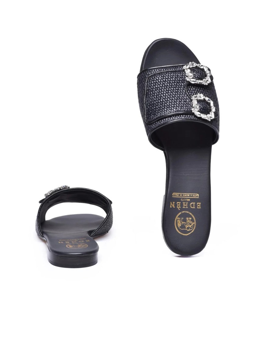 Edhen Black Raffia Leather Women's Sandals