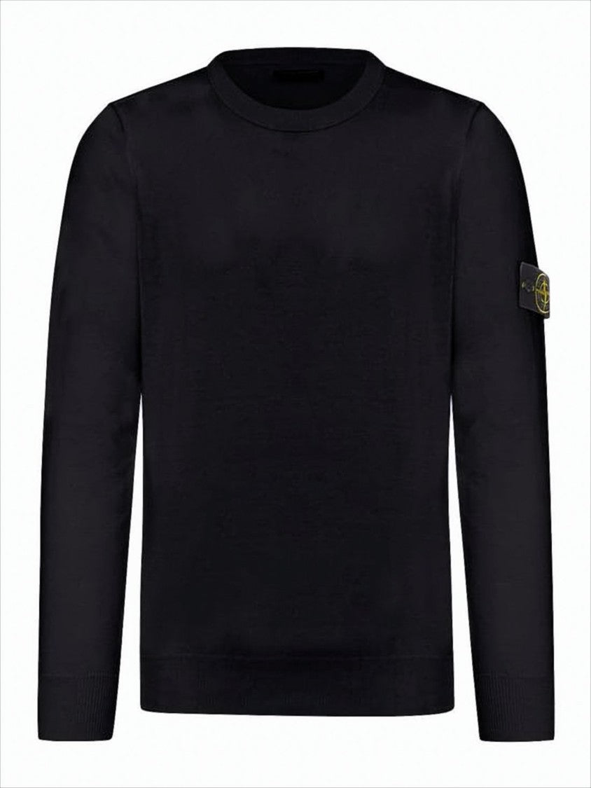 Stone Island Black Cotton Sweater With Ribbed Cuffs