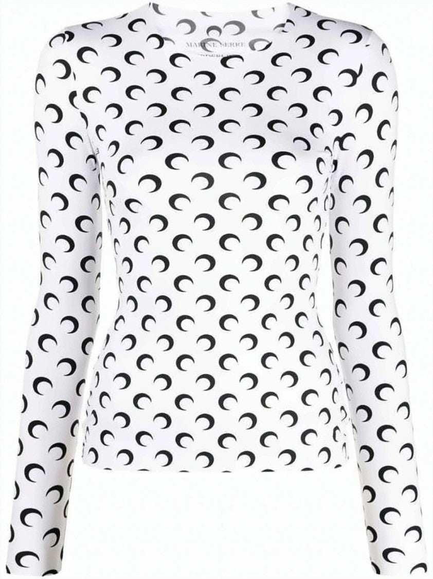 Marine Serre Fitted Long-Sleeve Top With Crescent Moon Pattern