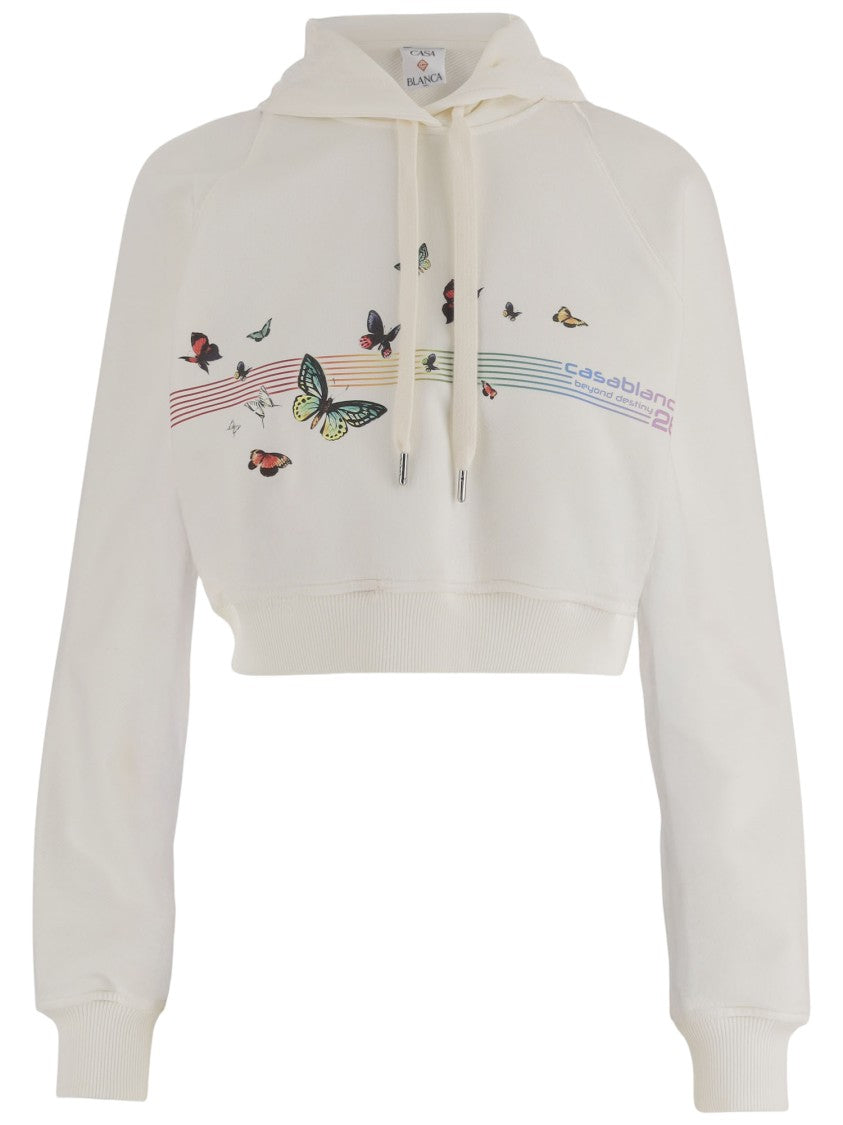 Casablanca Cropped White Sweatshirt With Adjustable Hood