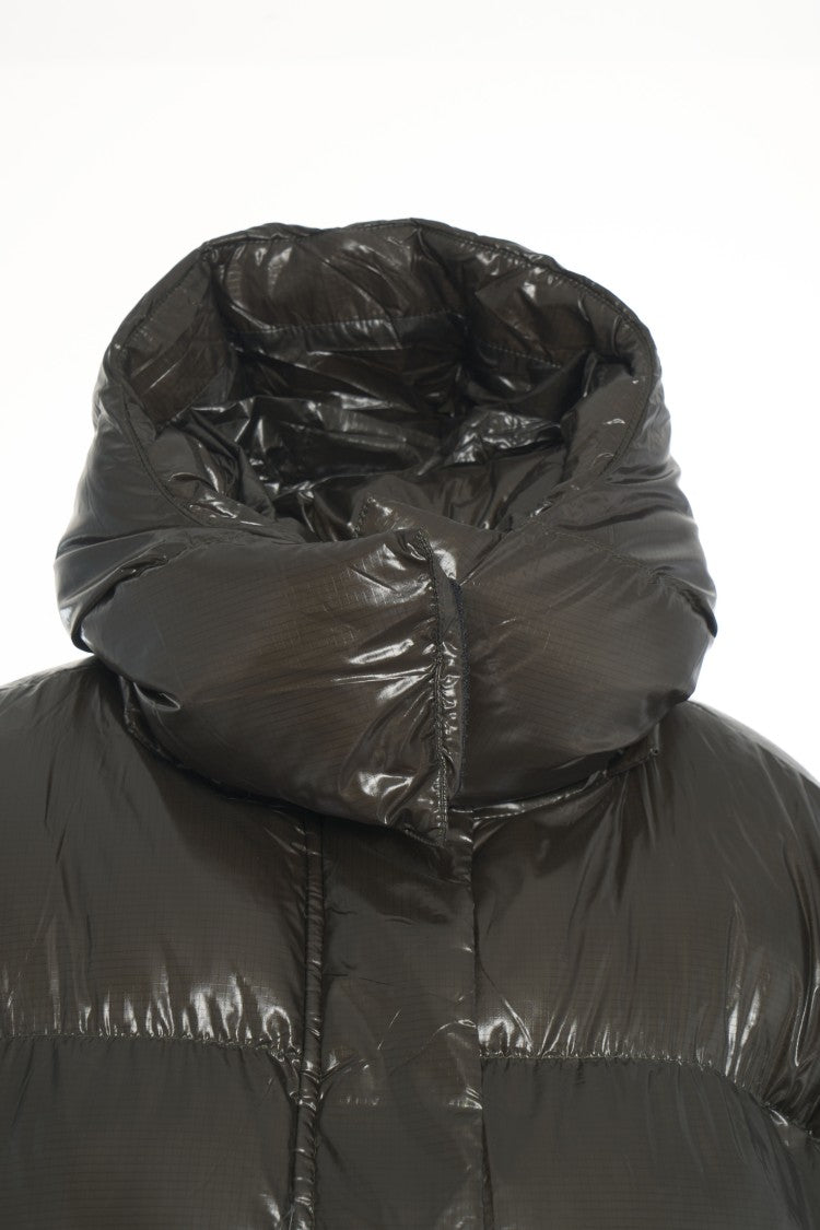 Oval Square Padded Green High-Collar Coat With Boxy Silhouette