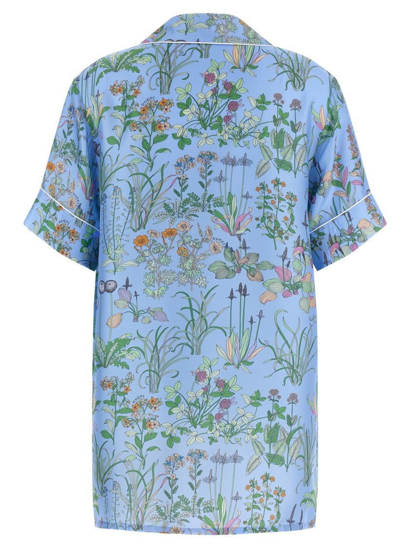 Gucci Floral Print Silk Twill Blouse With V-Neck And Contrast Piping